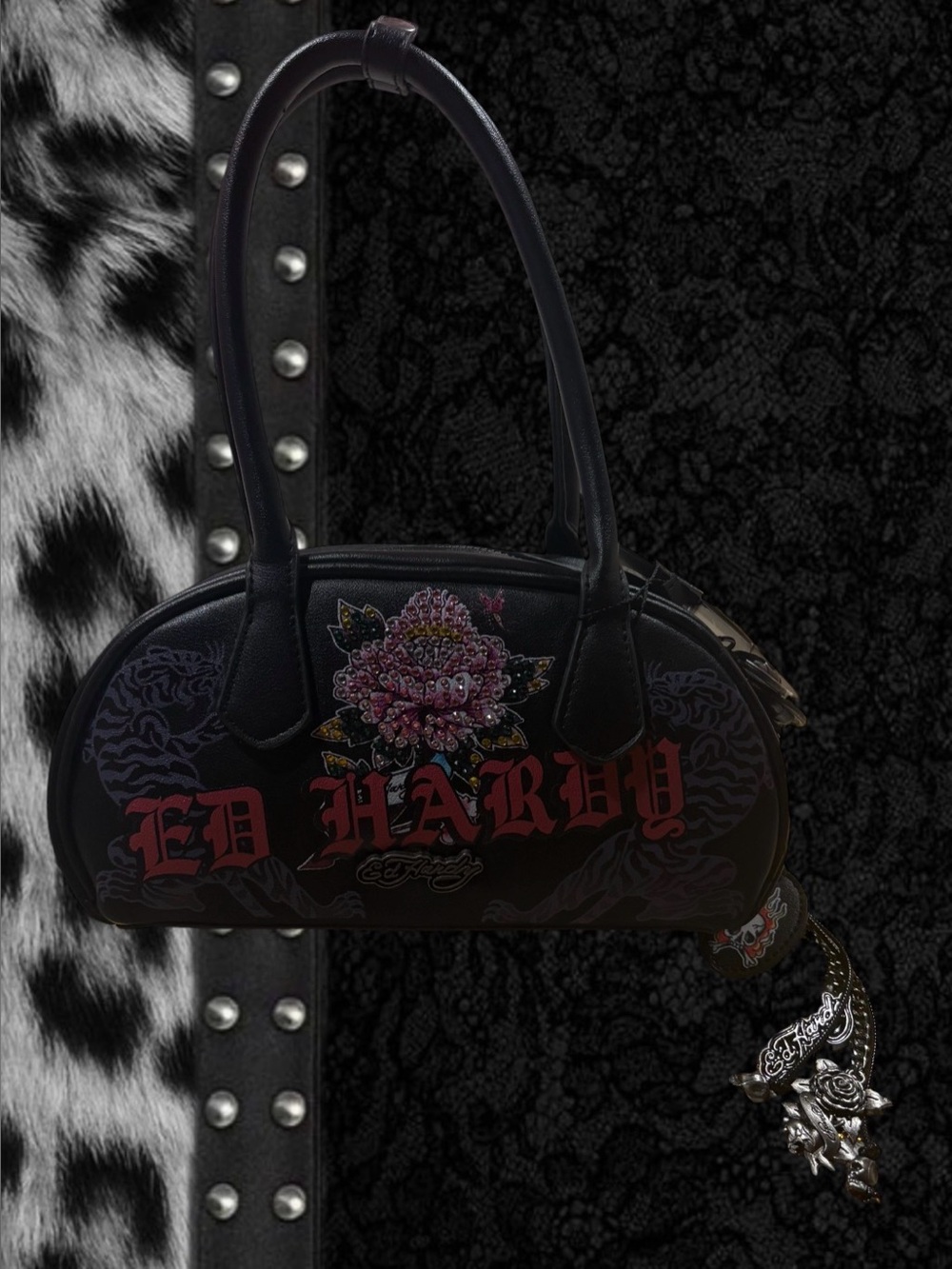 Ed Hardy Black Shoulder Bag with Pink Floral Appliqué